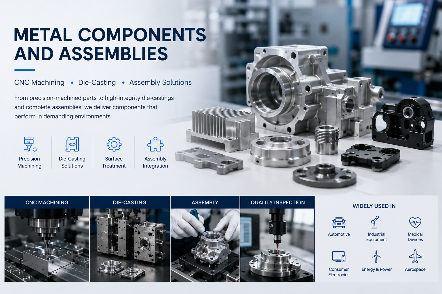 Metal components and assemblies manufactured with CNC machining, die-casting, inspection, and OEM production support in Shenzhen